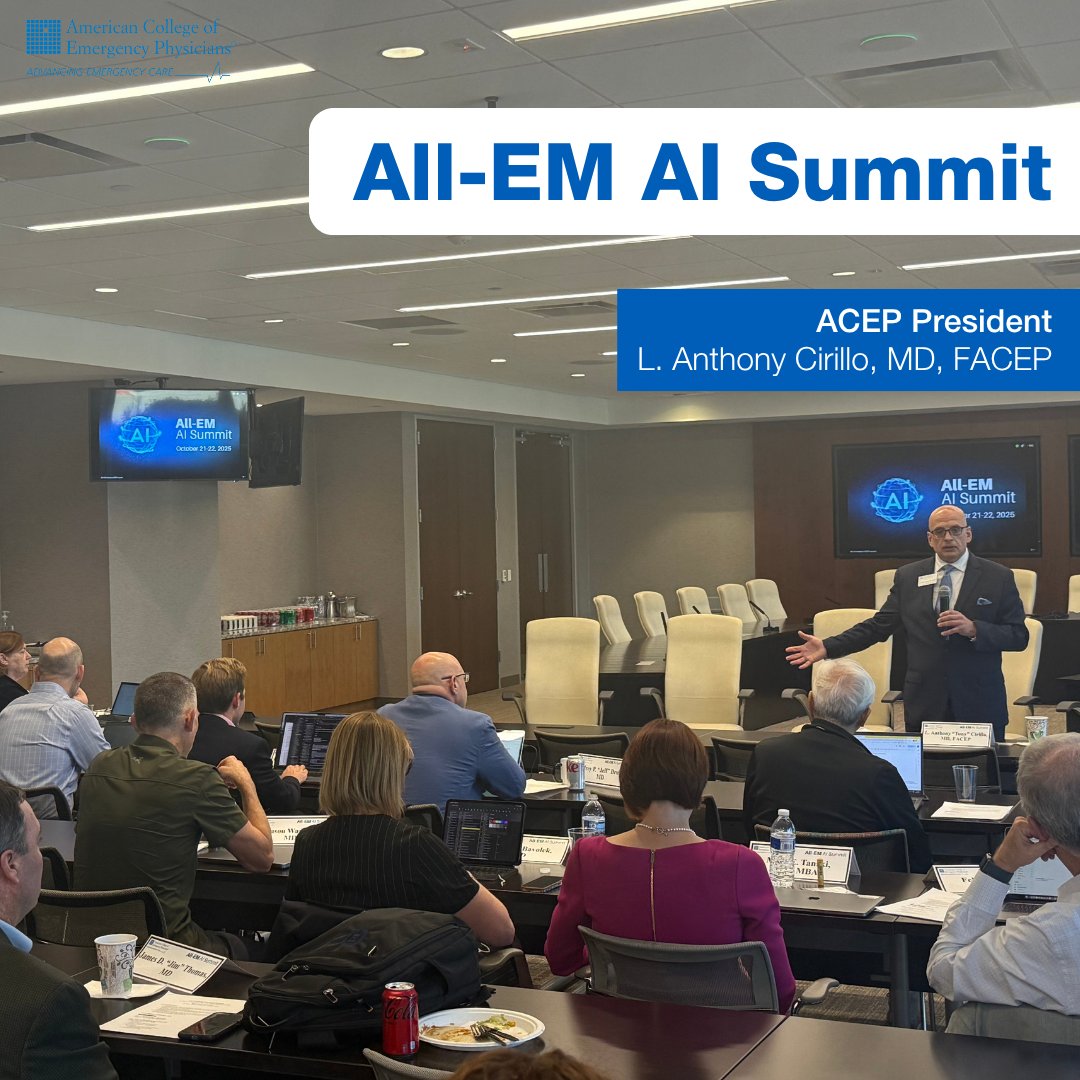 ACEPNation's tweet image. ACEP President Dr. Tony Cirillo opened the All-EM AI Summit with a clear charge: prepare for how AI will transform lifelong learning, bedside care, operations, and research across emergency medicine. The future is here—let’s build it responsibly together.