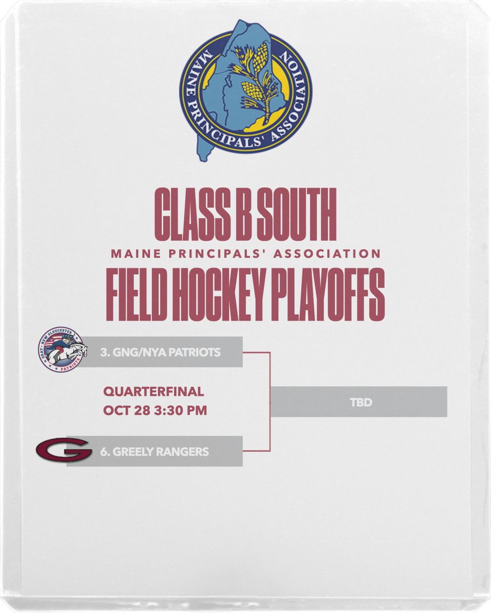 Field Hockey playoff announcement!

Tuesday, October 28th
3:30 PM
Gray-New Gloucester High School

#PatriotPride