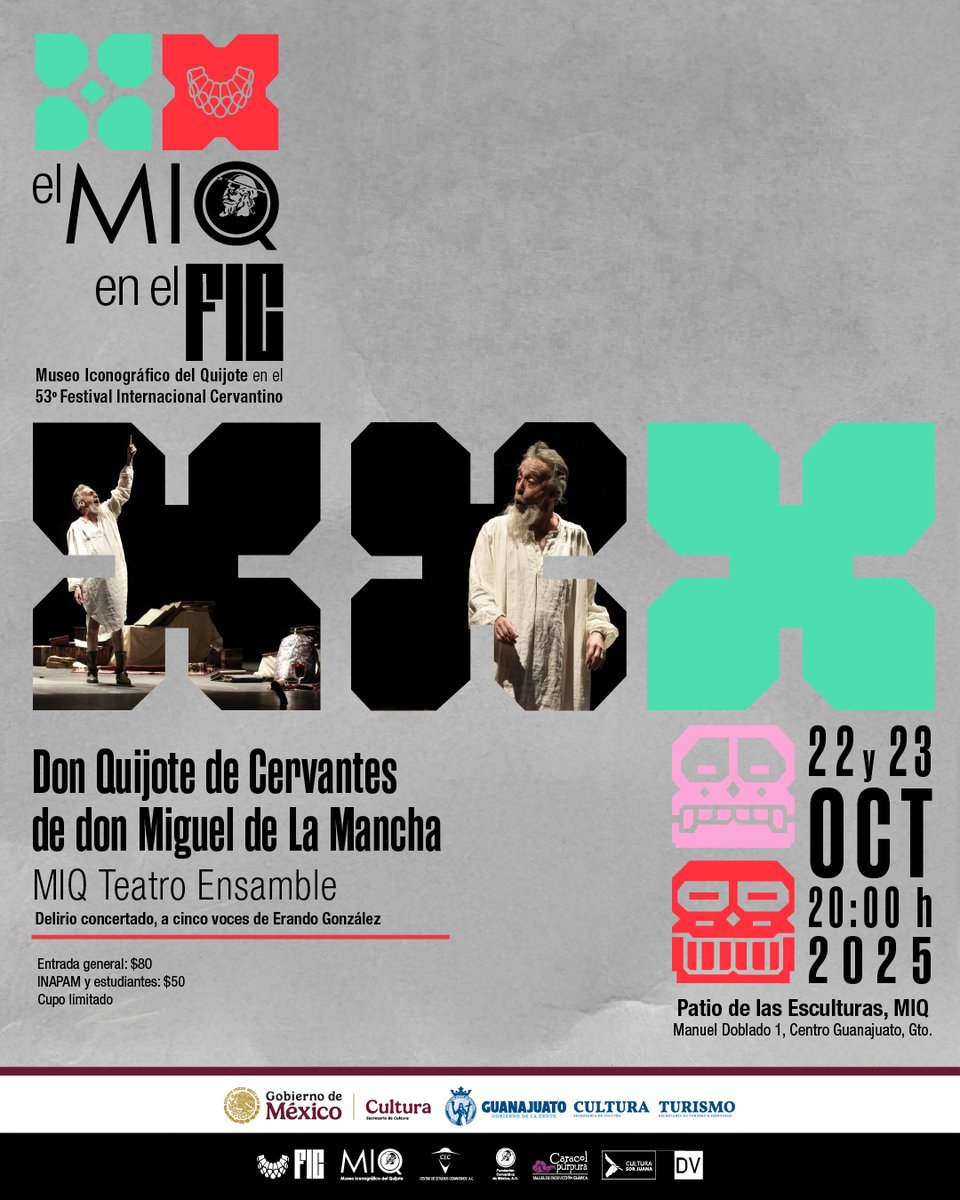 El MIQ Teatro Ensamble sube hoy al escenario para recrear un fantástico duelo entre el autor y su creación. No te pierdas "Don Quijote de Cervantes de don Miguel de la Mancha". #MIQenFIC #53FIC