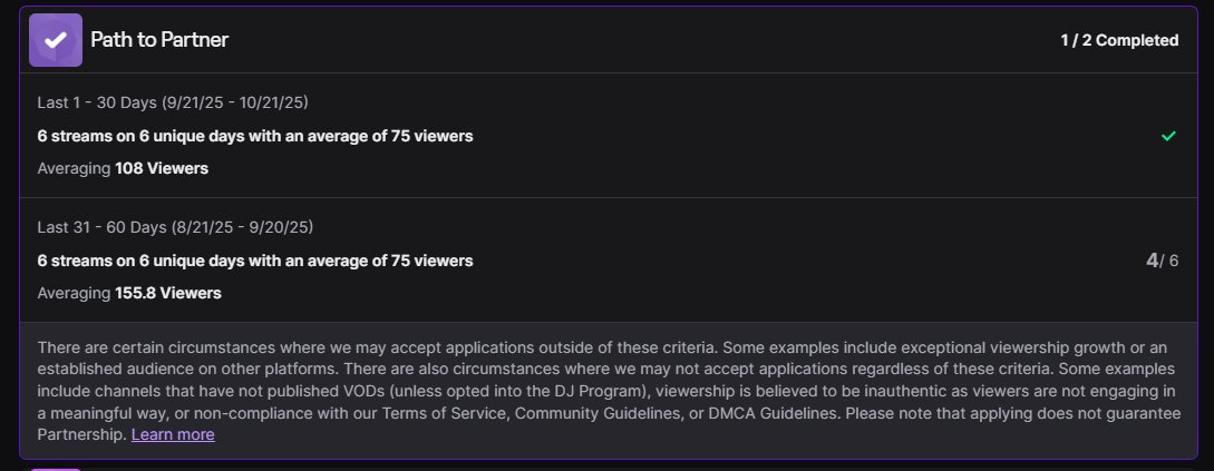 Well its updated the new Path to partner achievement. yet I was still rejected last week when has 12 streams of these numbers :(  #TwitchPartner #Vtuber