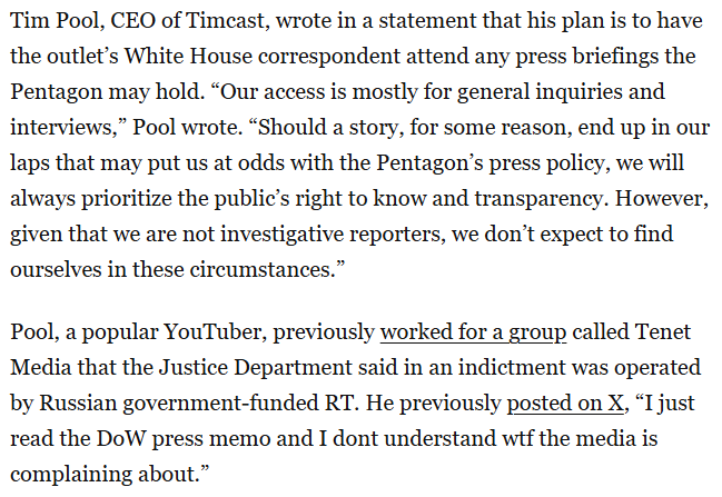 An amazing quote by <a href="/Timcast/">Tim Pool</a> in this story about the "next generation" of Pentagon reporters -