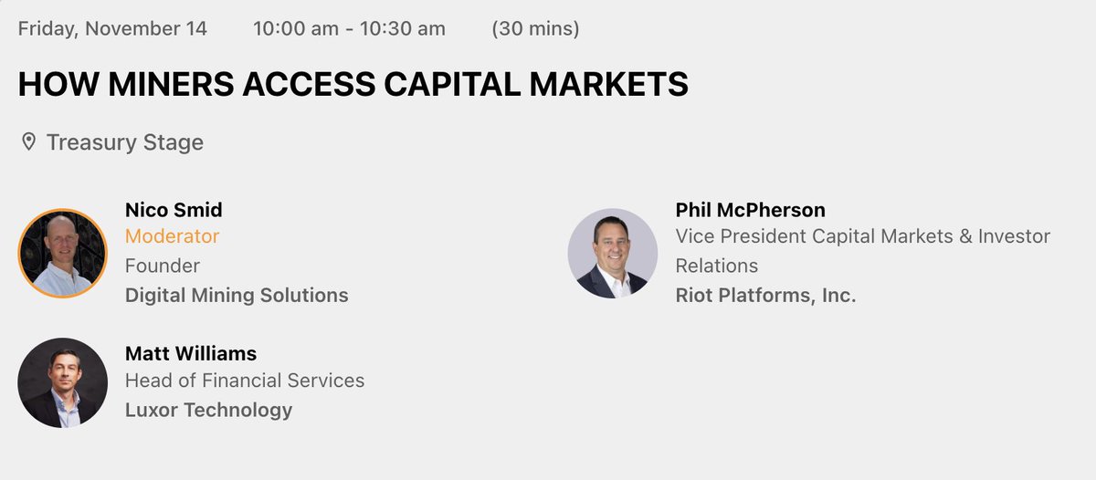DigMinSolutions's tweet image. Don&apos;t miss @Smidnico &apos;s panel on How Miners Access Capital Markets on Nov 14th at @BitcoinConfEUR together with @luxor &amp;amp; @RiotPlatforms