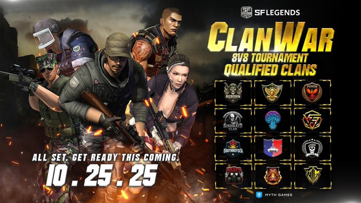 MythGamesNet's tweet photo. THE MOST AWAITED CLAN TOURNAMENT IS HERE! 🔥

Get ready, Legends! the Clan Tournament is happening this October 25, 2025! 

Here are the Top 12 Qualified Clans that will battle it out for glory, pride, and dominance! 

Who will rise as the ultimate champion? 👑

#SFLegends #Mythgames