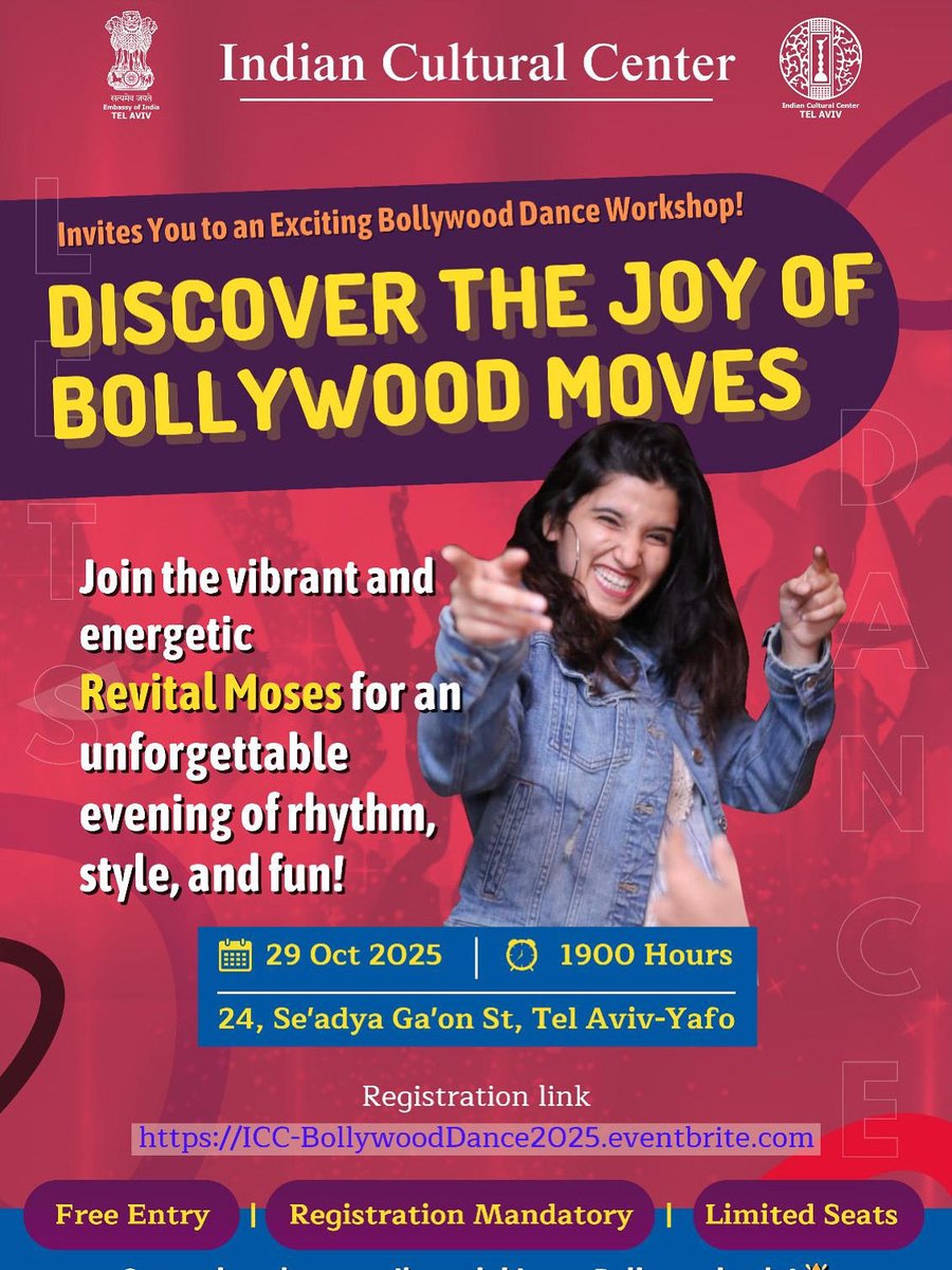 Get ready to groove, Bollywood style!
Join our FREE Bollywood Dance Workshop at the Indian Cultural Center, Tel Aviv on Oct 29, 2025 | 19:00 hrs
🎟️ Free Entry | Limited Seats
📝 Register now - ICC-BollywoodDance2025.eventbrite.com