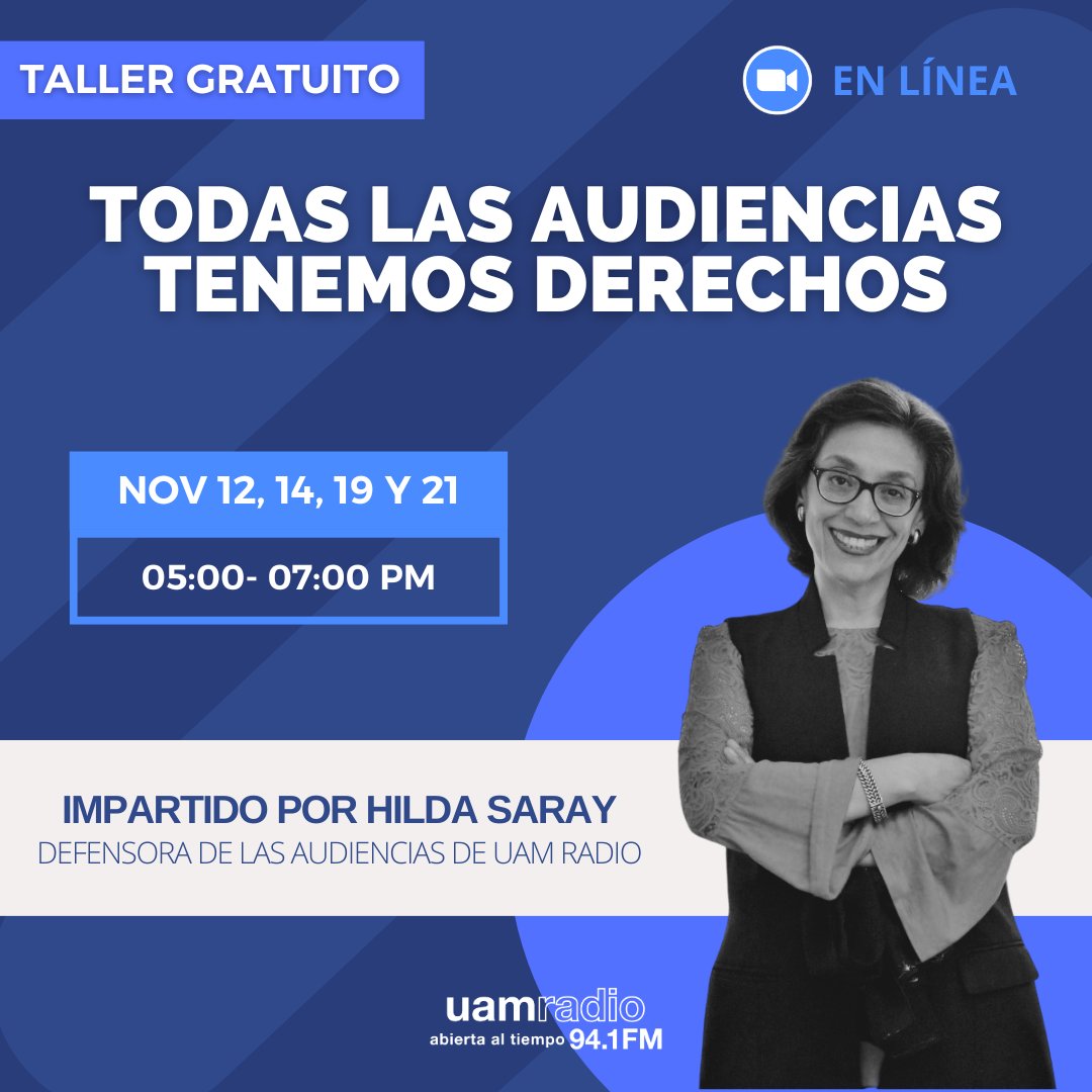 🗓  Inicio 12 de noviembre
💢  INSCRIPCIONES ABIERTAS  💢
| En línea vía Zoom |
🕓 17:00 – 19:00
✅  Se otorgará constancia de participación
🌐  Solicita tu registro en defensoriaaudiencias@correo.uam.mx
⚠️ CUPO LIMITADO ⚠️
.
#UAM #DerechosDeLasAudiencias