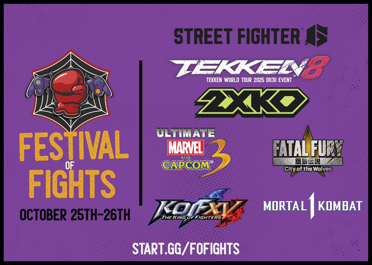 Here's the Schedule for Festival of Fights this weekend! start.gg/fofights

Saturday 10/25

1:00 PM
#KOFXV (PS4)
#TEKKEN8 (PS5) - TWT 2025 Rules

5:00 PM
#COTW (PS5)
#SF6 (PC)

Sunday 10/26

1:00 PM
#UMVC3 Teams (PC)
#2XKO (PC)

5:00 PM
#MK1 (PS5)
#UMVC3 Singles (PC)