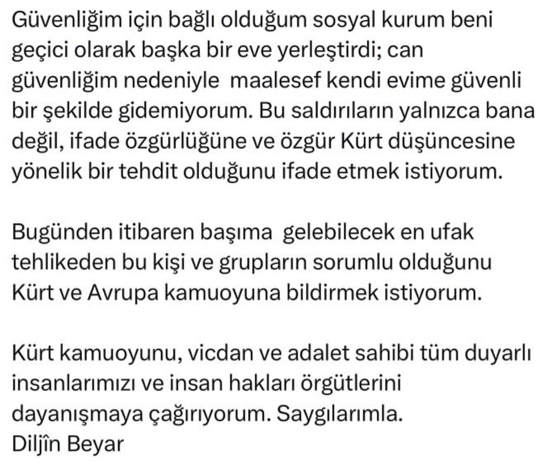 SON DAKİKA | PKK Kürt sanatçısına saldırdı! 

🔴Kürt sanatçı Diljin Beyar, İsviçre’deki evinde dört kişi tarafından saldırıya uğradığını ve ölümle tehdit edildiğini açıkladı.

📌Beyar, saldırganların PKK’nin İsviçre’deki KOMEL’e bağlı Rapperswil Derneği ile bağlantılı olduklarını