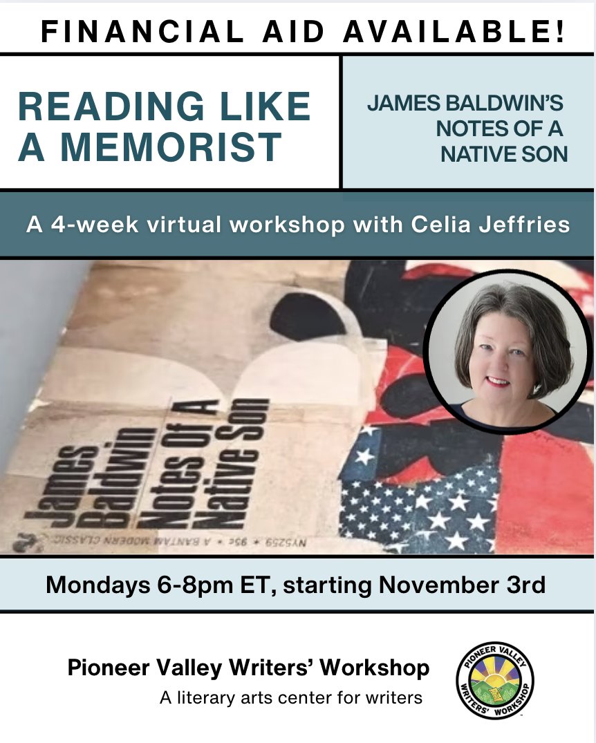 🎉 Starts 11/3 with @celiajeff - Financial aid available! 

To register: Click on the registration link and choose the payment option you can afford: pioneervalleywriters.org/service-page/r…

Full Payer (supports PVWW): $275
Financial Aid (25% Aid): $205
Financial Aid (50% Aid): $135