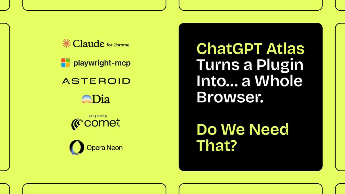 psvattan's tweet image. Here are the facts on AI-in-the-browser and where Atlas fits:

𝐖𝐡𝐚𝐭 “𝐀𝐈-𝐢𝐧-𝐭𝐡𝐞-𝐛𝐫𝐨𝐰𝐬𝐞𝐫” 𝐦𝐞𝐚𝐧𝐬
Tools that run inside or as a browser to augment/automate web use: search, summarization, form-filling, navigation, and multi-step workflows.

A few…