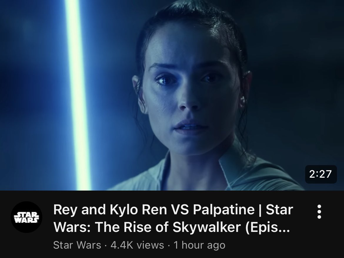 sw_holocron's tweet photo. The official Star Wars YouTube channel just posted a clip from The Rise of Skywalker of Rey &amp; Ben Solo vs. Palpatine.

This comes two days after the news of the canceled The Hunt for Ben Solo dropped.

We need to see this movie. https://t.co/g7oPC4Qnzq