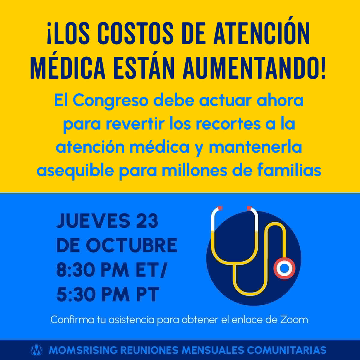 MamasConPoder's tweet image. ¡La atención médica está en riesgo! 🚨
Acompáñanos este jueves 23 de octubre a una reunión comunitaria por Zoom para actuar juntas. 💪🏽 mobilize.us/momsrising/eve…
#MamasConPoder #MomsRising