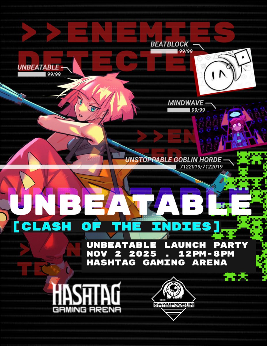 dcellgames's tweet image. the one day event.

UNBEATABLE: CLASH OF THE INDIES at @HashtagArena in Herndon, VA.

november 2nd, 12-8 PM

featuring the UNBEATABLE demo, previous event merch, mocktails, and a selection of indie games local to the DMV area, including @HoloHammer_&apos;s MINDWAVE and @BeatblockGame!