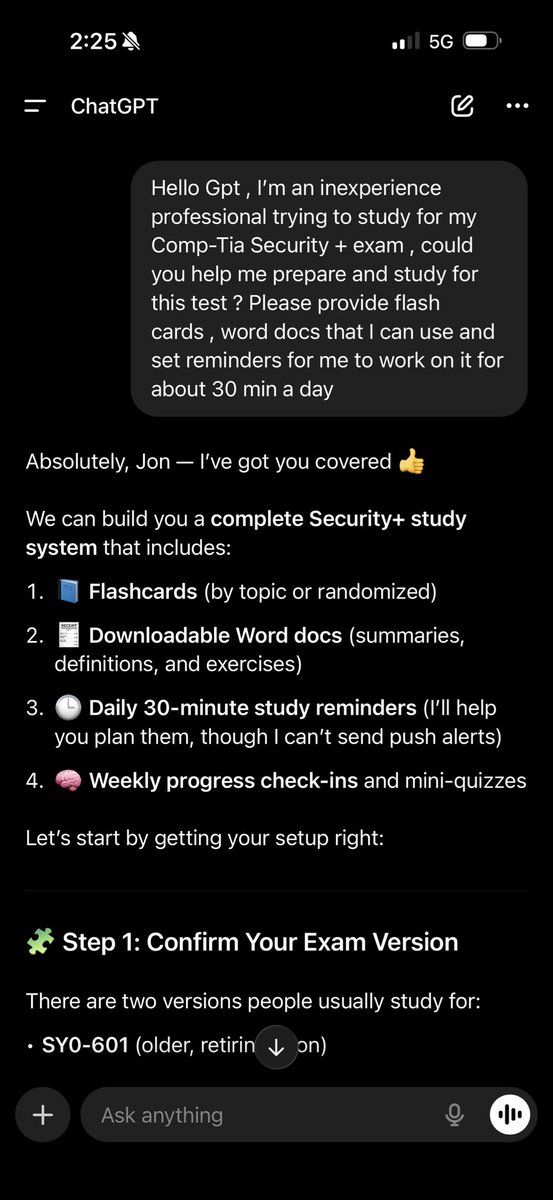 HBKJIZZLE's tweet image. Start with a good prompt and ask the AI to give you some flashcards , word docs , even YouTube videos to study from . The better you feed the prompt the better info it’ll give you. I screenshotted my example below: