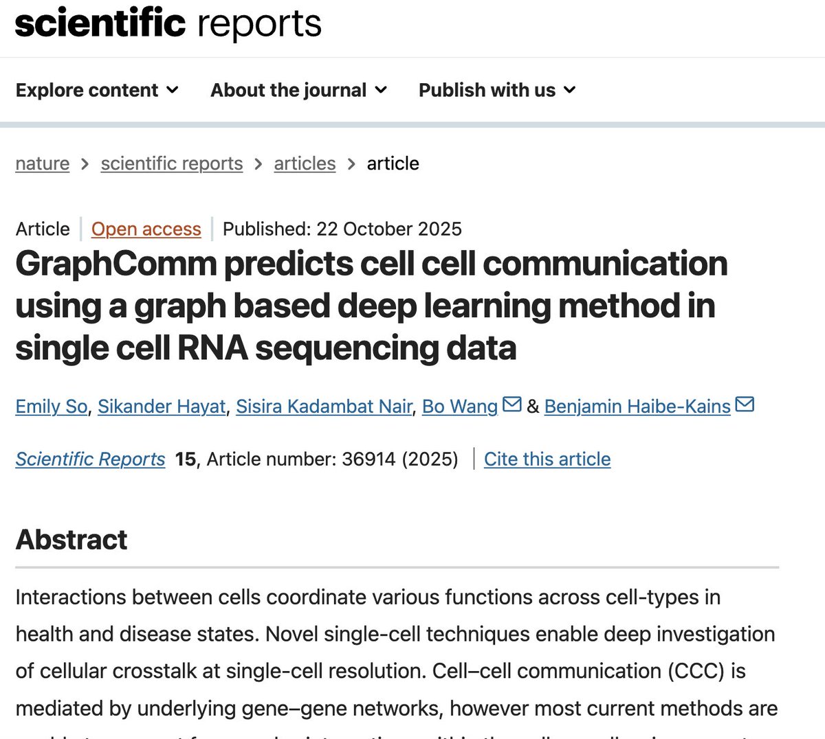 BoWang87's tweet image. Cells don’t just exist — they talk, signal, and collaborate.
Our work GraphComm is now out in @SciReports ! With GraphComm, we’re teaching AI to listen in on this cellular conversation — a step closer to building the virtual cell. 🧬🤖
🧬 GraphComm is a graph-based deep…