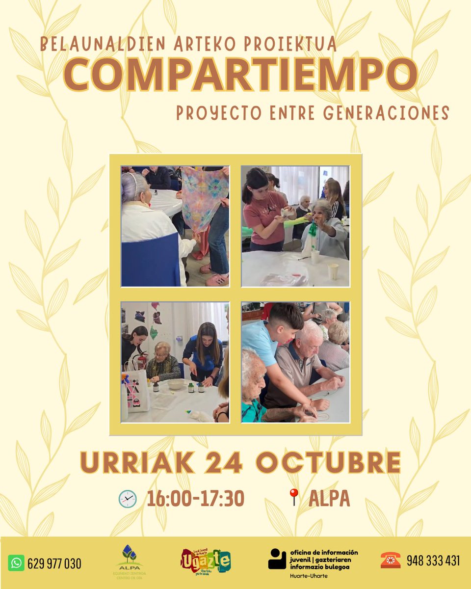 “COMPARTIEMPO” BELAUNALDIEN ARTEKO PROIEKTUA
📅Urriaren 24a, ostirala,
⏰16:00etatik 17:30era
huarte.es/.../compartiem…
PROYECTO INTERGENERACIONAL “COMPARTIEMPO”
📅viernes 24 de octubre
⏰16:00 a 17:30
huarte.es/.../proyecto-i…