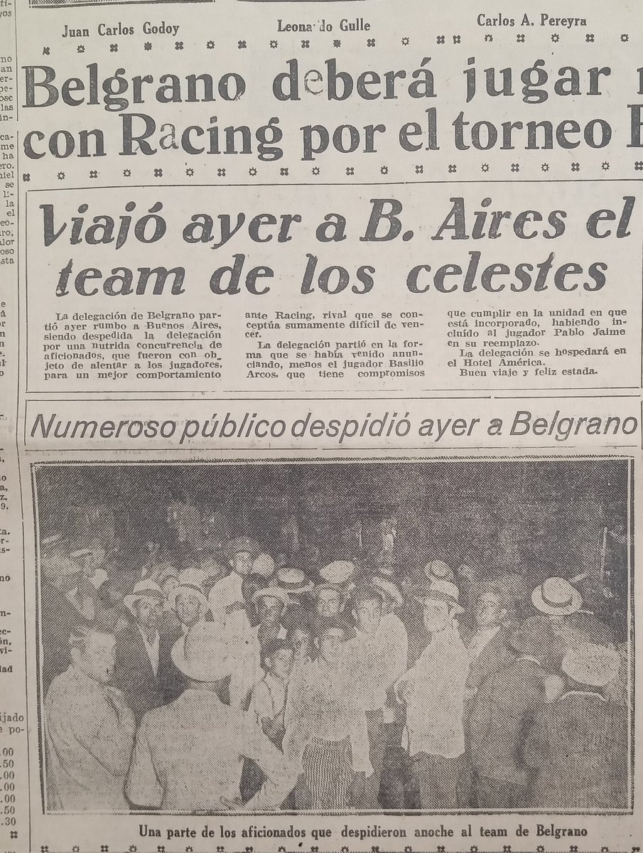 Te sigo a toda la Argentina, te aliento con el corazón...!!!

Año 1934: más de 300 hinchas viajan en tren de carga a Buenos Aires para el partido contra Racing por la Copa Beccar Varela. A ellos hay que sumarles los que iban a viajar en un coche especial para ese encuentro.