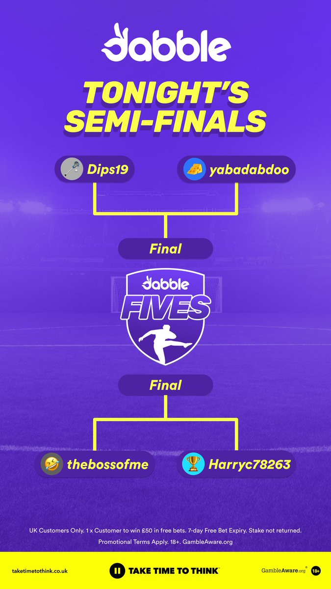 dabblecouk's tweet image. Tonight’s FIVES Semi-Finals 🖐️
Who will make it through to tomorrow’s final? 👀
18+. GambleAware.org