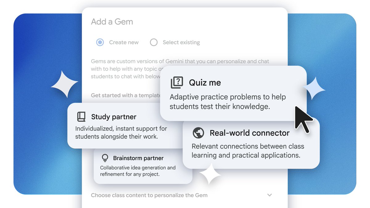 GoogleForEdu's tweet image. You can now create custom #AI learning experiences using #Gems in #GoogleClassroom! ✨
Pick a template like Study partner or Brainstorm partner, use class materials, and provide personalized support for students built from your curriculum 📚
Try it out goo.gle/4oARiHb