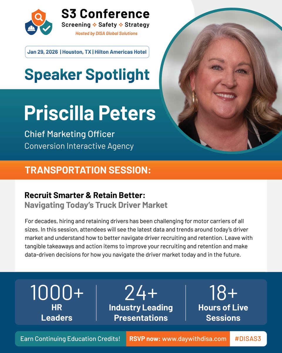 DISAGlobal's tweet image. 🌟 Today&apos;s #DISAS3 2026 speaker spotlight is on Priscilla Peters!

➡ RSVP here tinyurl.com/bdhwnn6w to attend her S3 #Transportation Session: Recruit Smarter &amp;amp; Retain Better: Navigating Today’s Truck Driver Market.

#EmployeeScreening #EmployeeSafety #HRStrategy
