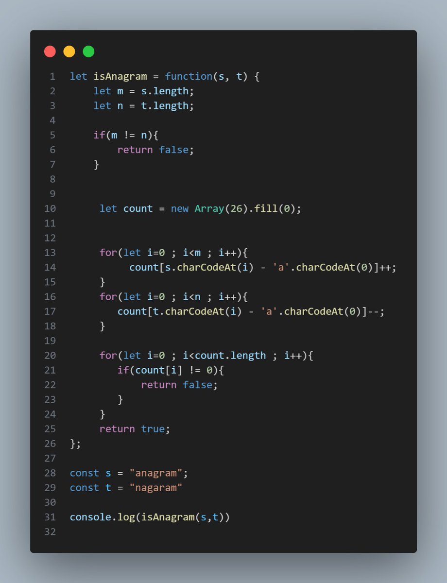 Ankitsingh97923's tweet image. Solved the “Valid Anagram” problem in JavaScript 🧩
Practicing logic > memorizing syntax 💪
#JavaScript #Coding #ProblemSolving