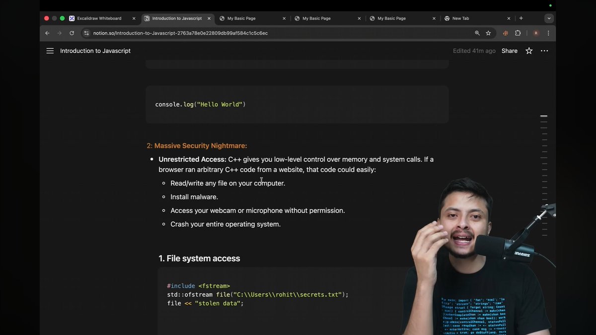 sohamm_shinde's tweet image. Day 16 #JavaScript: Why we can't use C++ in the browser.
1. C++: Can access OS memory and files.(Massive security risk) 2. JS: Is sandboxed & uses Garbage Collection.(Safe, light, efficient)
It’s the original language of browser security.
#CoderArmy #js #webdev @rohit_negi9