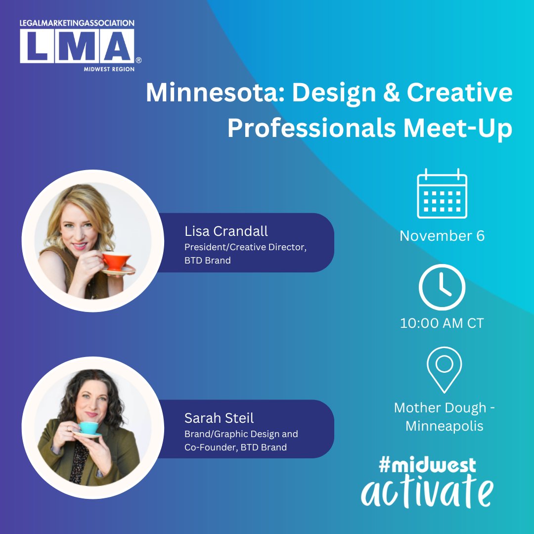 MN! Join us for a Design &amp; Creative Professionals Meet-Up on 11/6. Facilitated by Lisa Crandall and Sarah Steil, come discuss recent law firm rebrands, best practices, and interesting design the group has observed.

Register here: legalmarketing.org/Event-Details/…