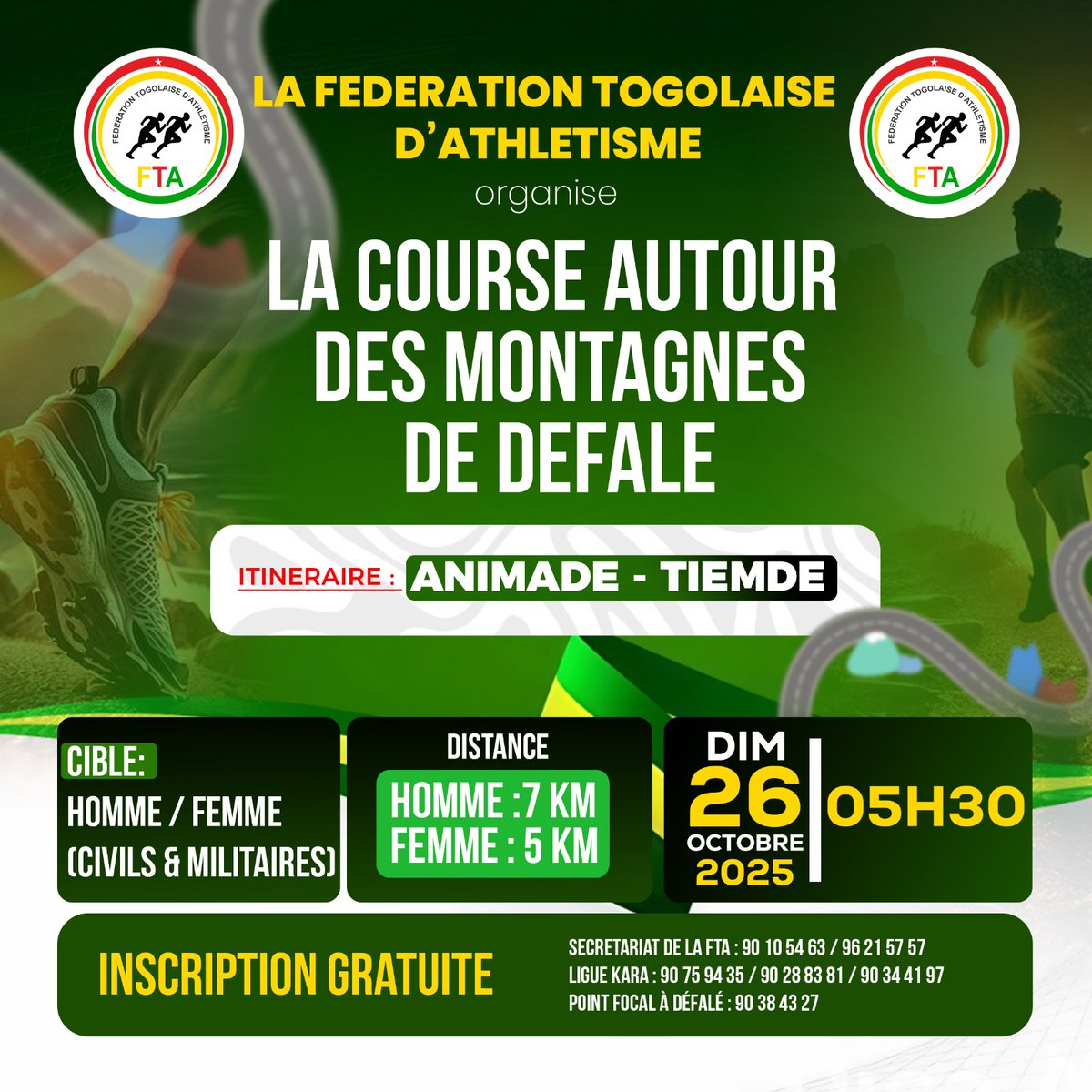 FTAthle's tweet image. La course tant attendue autour des montagnes de Défalé aura lieu demain, dimanche 26 octobre 2025 dès 6h00 !

Préparez vos baskets, l’ambiance promet d’être sportive et festive. Rendez-vous à Défalé dès l’aube !
#CourseDéfalé2025 #RunTogo #DéfiDéfalé #AthlétismeTogo #Défalé
