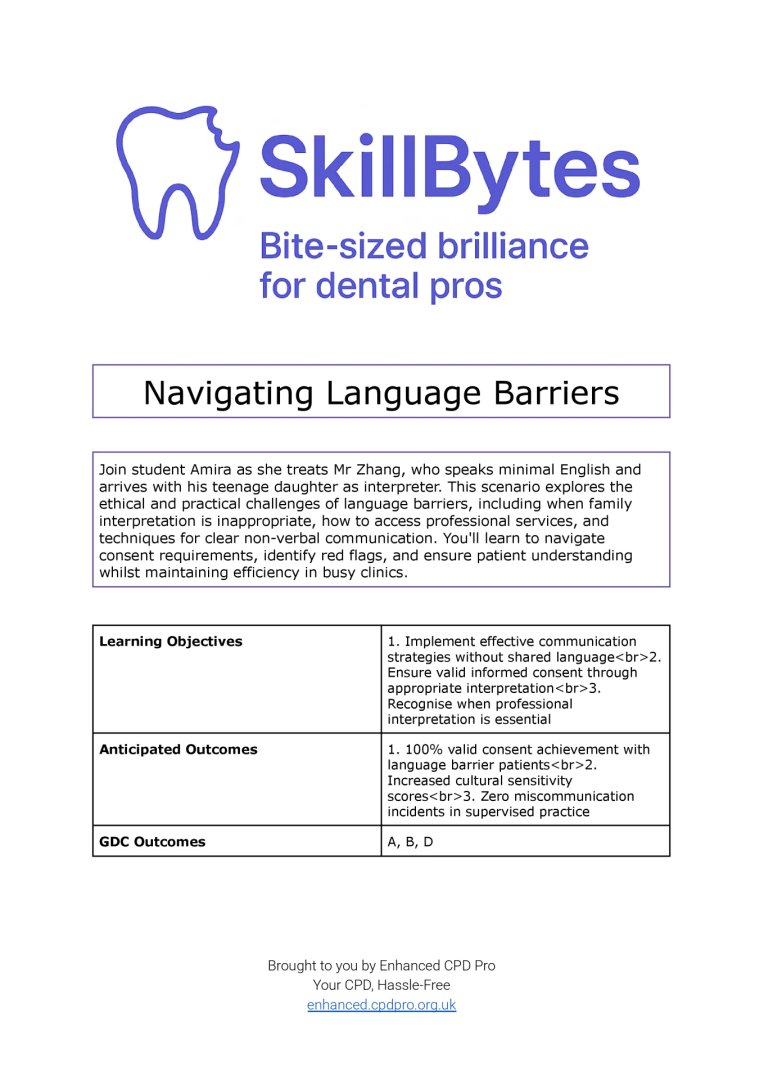 EnhancedCPDPro's tweet image. Enhanced CPD SkillBytes: Navigating Language Barriers | Claim your certificate by passing the test at skillbytes.cpdpro.org.uk/87FyooJeSHK4Z6…