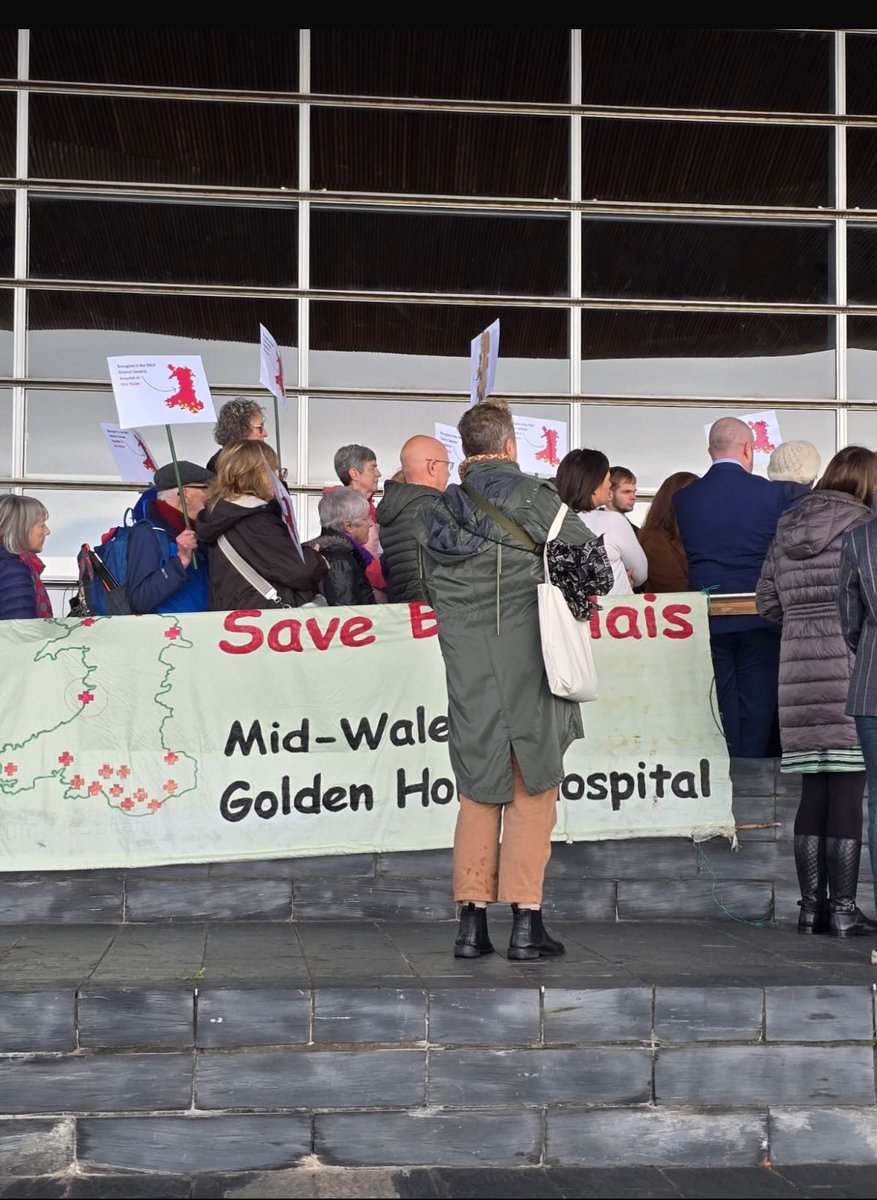kaiteoreilly's tweet image. Images of protest outside the Senedd today re-possible closure of strokes unit at Bronglais Hospital, Aberystwyth