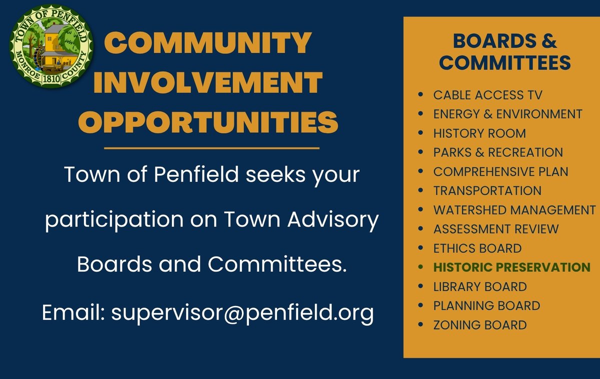📣ICYMI: Applications are now being accepted for vacancies on the Town of Penfield Historic Preservation Board. The deadline to apply is Friday, November 7.

👉More info: penfield.org/news_detail_T3…