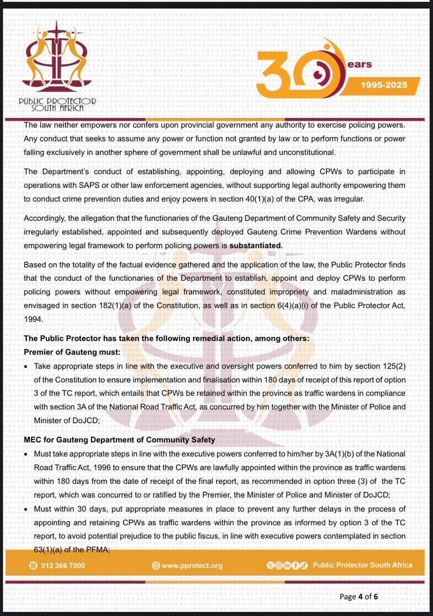 AndiMakinana's tweet image. In other news:

The Public Protector has found that the establishment, appointment and deployment of Gauteng’s CPWs to perform
policing powers constituted impropriety and maladministration as
envisaged in the Constitution and the Public Protector Act.