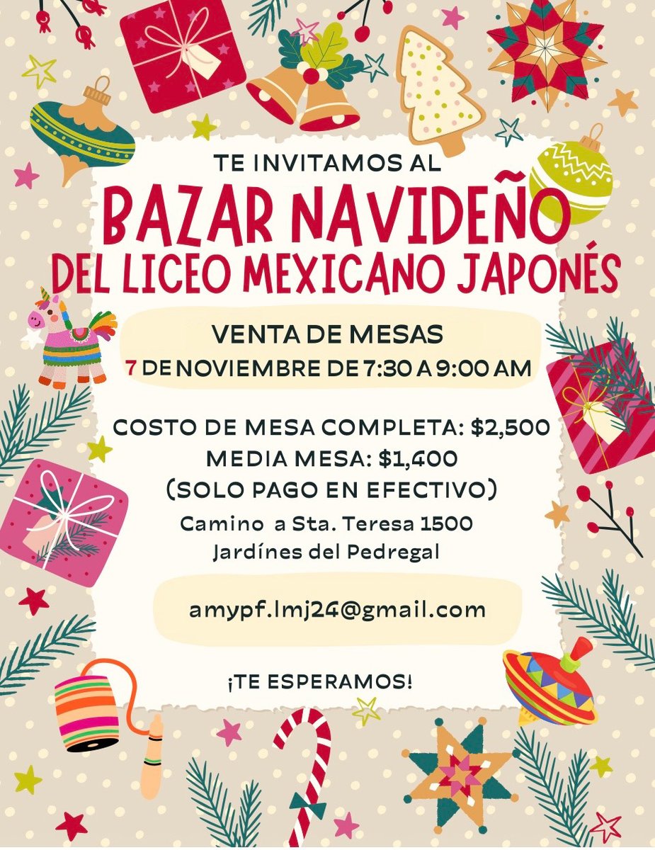LiceoMexJap's tweet image. 🎄✨¡Se acerca nuestro Bazar Navideño!
Si eres expositor o tienes productos ideales para la temporada, ¡únete y comparte la magia navideña con nuestra comunidad! 🎁
🗓 22 de noviembre
📍 Liceo Mexicano Japonés
本校のクリスマスバザー が開催されます！🎁
#BazarNavideño #LMJ