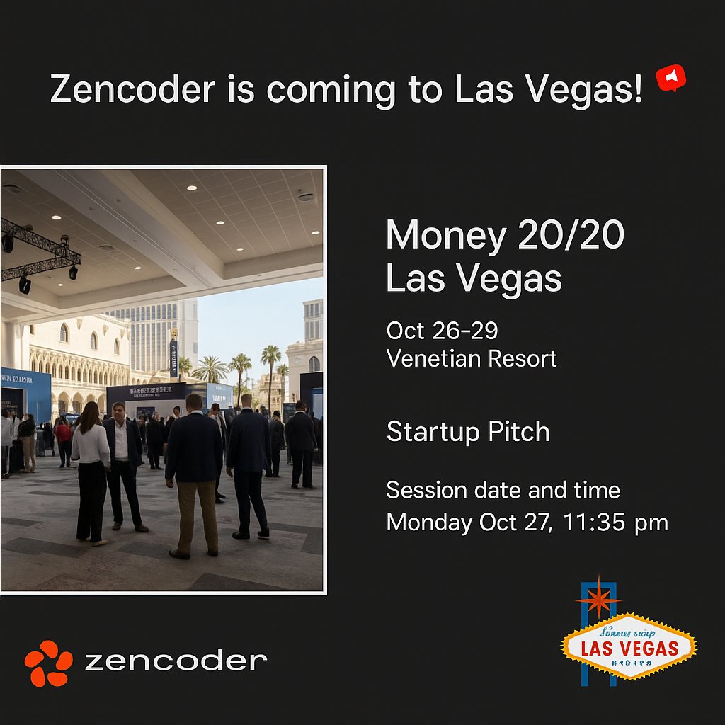 zencoderai's tweet image. Zencoder is heading to Las Vegas for @money2020! Find us at the Venetian from Oct 26-29.
We're excited to announce we'll be presenting at the Startup Pitch session on Monday, Oct 27 at 11:35 PM.
Hope to see you there! #Money2020 #Fintech #Zencoder #LasVegas #StartupPitch