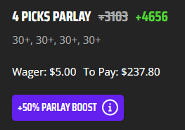 PicksKingg's tweet photo. 💰 $5 ➡️ $237.80 TONIGHT w/ a 50% BOOST!
🔒 4-Pick Parlay (30+, 30+, 30+, 30+)
Drop “30 for 30” in the replies for the picks 🔥 https://t.co/Ab9LBxEf5e