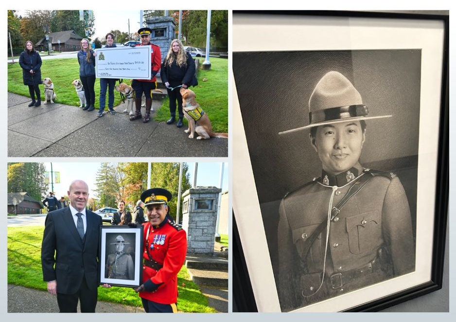 As we gathered this week to remember Cst. Shaelyn Yang, two special presentations were held in her honour. The Cst. Shaelyn Yang Legacy Committee presented <a href="/PADSdogs/">PADS</a> with a donation, and @richmondfirex Firefighter Michael Griffin shared a beautiful portrait with our detachment.