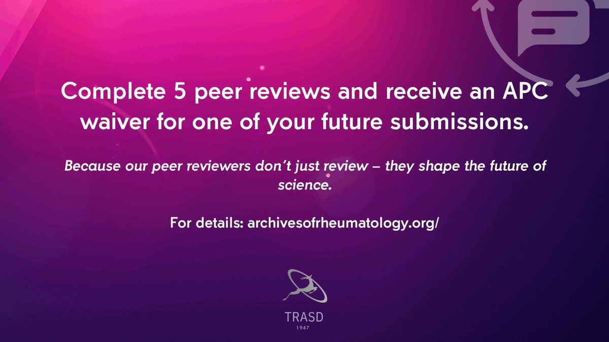 ArchofRheum's tweet image. Complete 5 peer reviews and receive an APC waiver for one of your future submissions.
Thank you for your contribution to the scientific community! 
 archivesofrheumatology.org/index.php/pub/…
