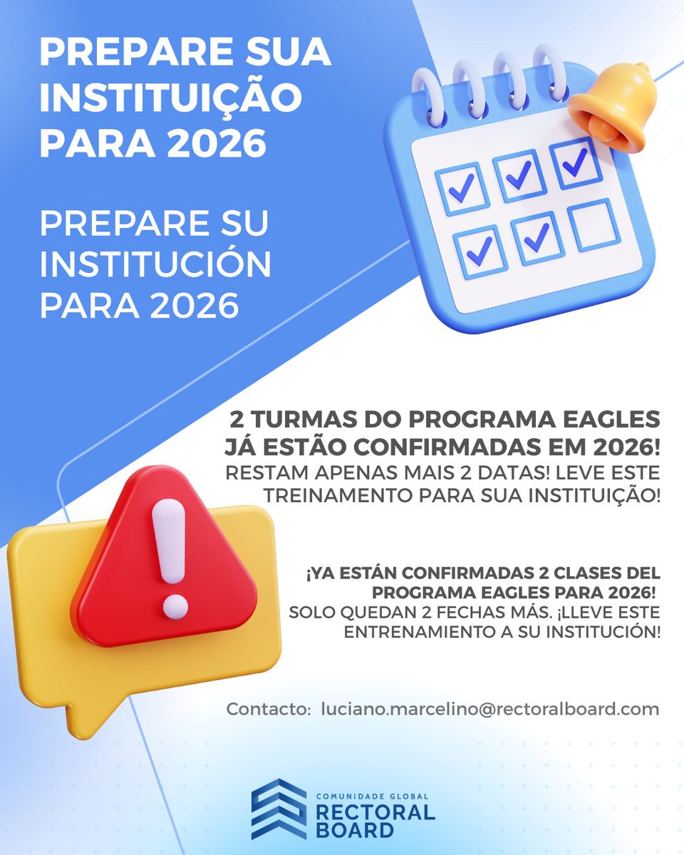 ➡️ Garanta a vaga da sua instituição no EAGLES 2026. Entre em contato e solicite uma apresentação:
📧 gabinete.rectoral@rectoralboard.com
📲 +55 48 9127-1973 (Prof. Luciano Rodrigues Marcelino)