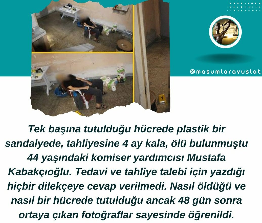 Tedavi taleplerine cevap verilmeyen KHK'lı komiser yardımcısı Mustafa Kabakçıoğlu, tek başına tutulduğu hücrede, tahliyesine 4 ay kala plastik sandalyede hayata veda etmişti.
<a href="/adalet_bakanlik/">T.C. Adalet Bakanlığı</a> <a href="/TBMMresmi/">TBMM</a>
<a href="/TBMMGenelKurulu/">TBMM Genel Kurulu</a> <a href="/myeneroglu/">Mustafa Yeneroğlu</a>
TenkiliUnutturma