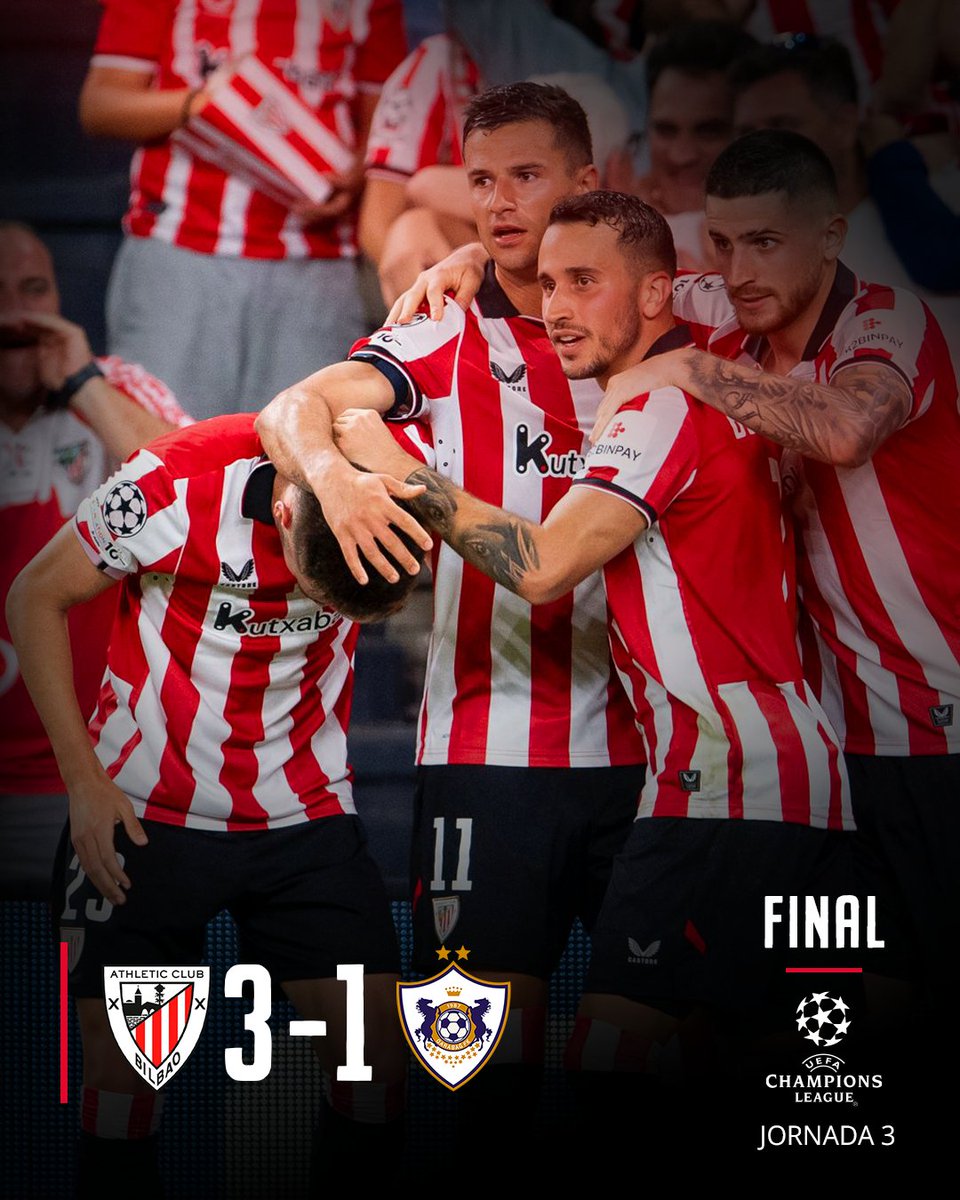 🔚 𝗙𝗜𝗜𝗜𝗜𝗜𝗡𝗔𝗔𝗔𝗔𝗔𝗟 𝗜 𝗚𝗢𝗢𝗢𝗢𝗢𝗔𝗔𝗔𝗔𝗭𝗘𝗘𝗘𝗡! 🥳

El Athletic suma su primera victoria en la <a href="/ChampionsLeague/">UEFA Champions League</a> tras remontar a un combativo Qarabag en San Mamés.

👏 Bikain, lehoiak!

#AthleticQarabag #UniqueInTheWorld 🦁