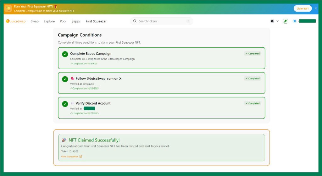 Minted <a href="/JuiceSwap_com/">JuiceSwap</a> first squeezer NFT on Citrea network 

Link: bapp.juiceswap.com/first-squeezer
Complete the 3 tasks and mint

Minted cause of <a href="/citrea_xyz/">Citrea</a>  interaction 

PS: it free… for those asking Citrea isn’t on kaito!