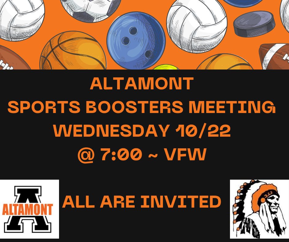 Unit10Tweets's tweet image. Altamont Sports Boosters would like to invite all to the meeting tonight, Wednesday Oct. 22, 7:00 @ the Altamont VFW. If you are a parent, Indian fan / alumni, or just looking for something to do we would love to have you join us!