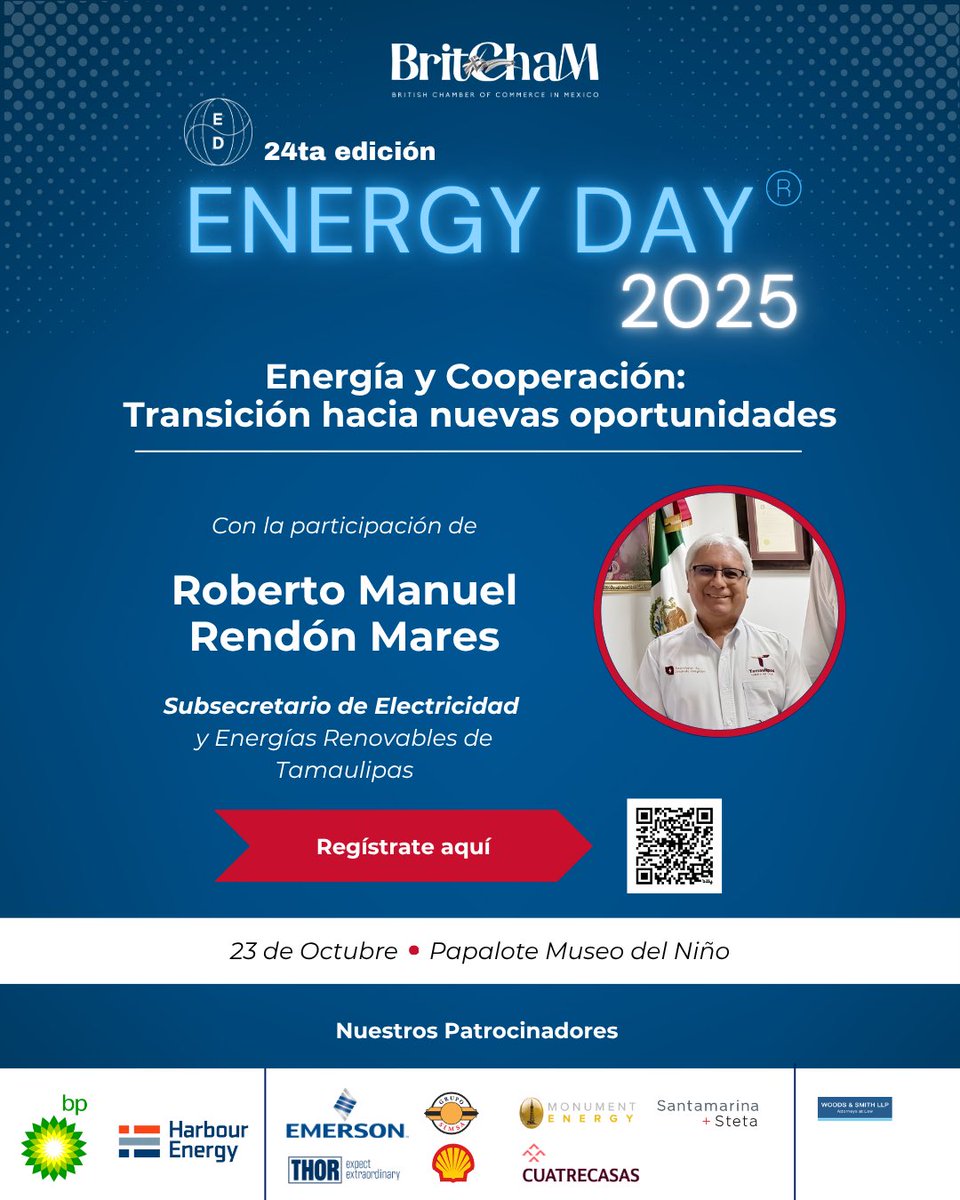 Nos honra contar con la participación de líderes clave en el desarrollo energético en #EnergyDay2025 ⚡️

✅ Sergio B. Osorio 

✅ Susannah Goshko

✅ Patricia S. Kelly 

✅ Roberto M. Rendón Mares

📅 23 OCT | CDMX
👉 Regístrate: lnkd.in/ejZb_-C5