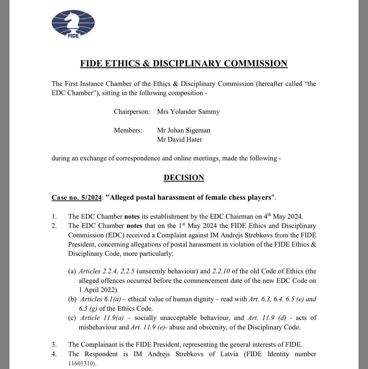 ChessProblem's tweet image. no need to worry! fide officials do often proactively make reports to the ethics committee
it happens quite literally all the time, so we know exactly where it starts and ends #fidecares
