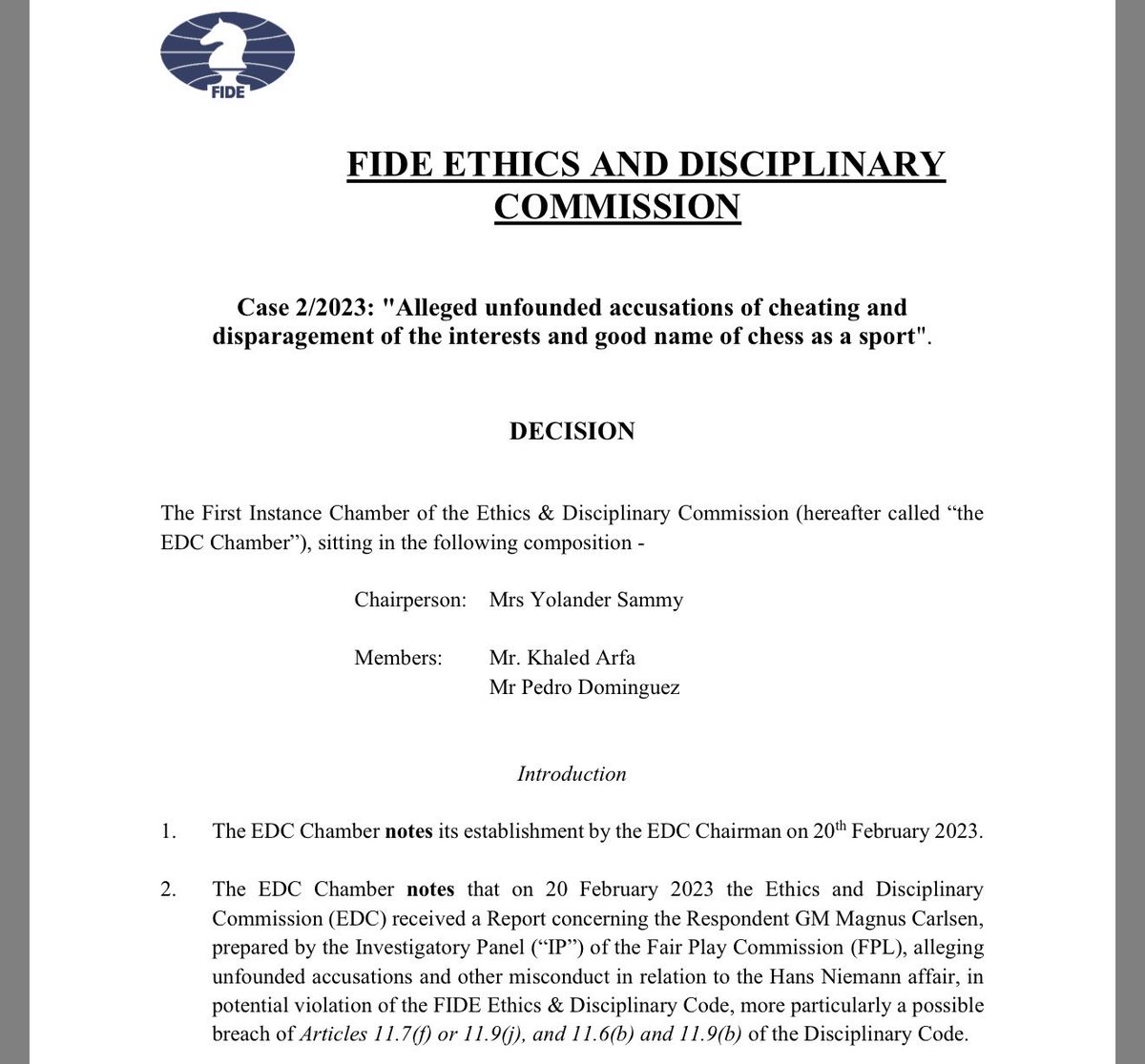 ChessProblem's tweet image. no need to worry! fide officials do often proactively make reports to the ethics committee
it happens quite literally all the time, so we know exactly where it starts and ends #fidecares