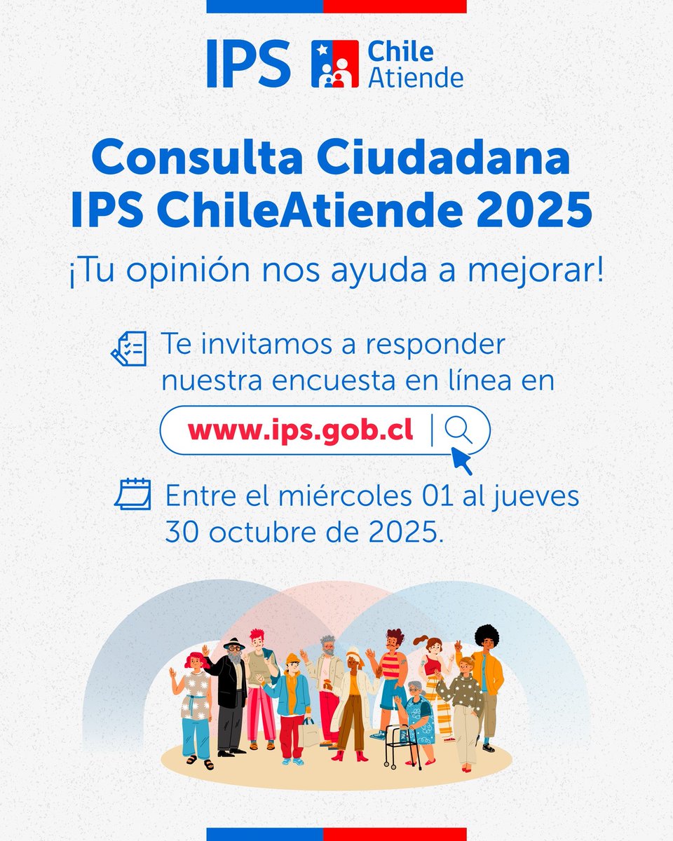 🌞 ¡Ya está disponible la Consulta Ciudadana IPS ChileAtiende y te invitamos a participar! 🙌
🗓️ Responde esta breve encuesta que nos ayudará a saber cuánto conocen nuestros usuarios sobre las instancias de participación ciudadana.
👉 Ingresa aquí: tinyurl.com/4bp2jk92