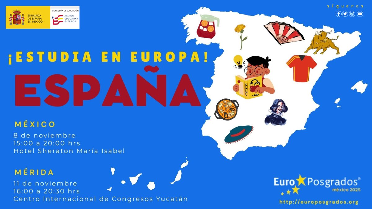 consejeriaedumx's tweet image. ✨¿Te interesa estudiar un posgrado en Europa?

¡España te espera en la Feria @EuroPosgradosmx 2025!
🎓Maestrías y doctorados
📋Requisitos, becas y mucho más...

¡Descubre España y vive la experiencia europea! 🌍🇪🇸
💻Registro gratuito en: europosgrados.org
#EstudiaEnEspaña