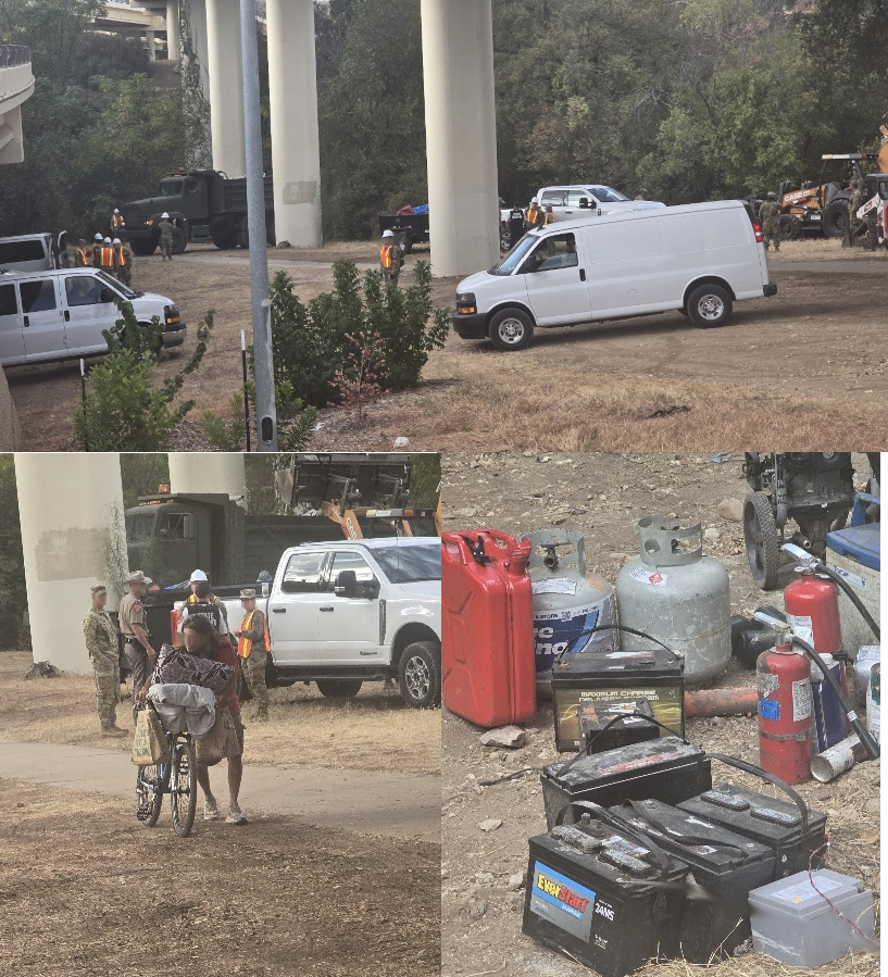 Update from Johnson Creek, underneath MOPAC.  National Guard with dump trucks and backhoes removing some loot from 100s of unsolved burglaries.  A vagrant refusing help and of course the ubiquitous #propaneZo tanks.  Two cheers for <a href="/GregAbbott_TX/">Greg Abbott</a>.  Zero cheers for Cap'n