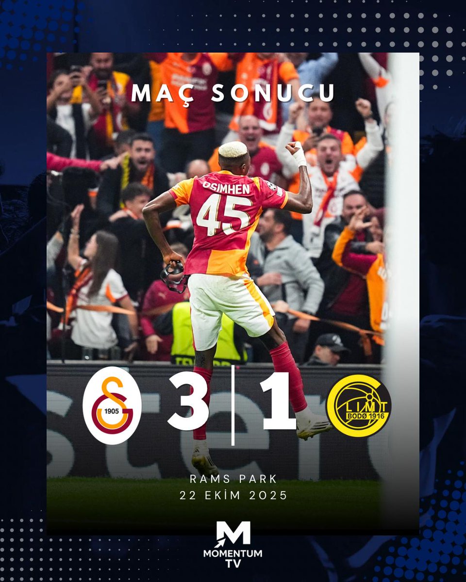 🏆 UEFA Şampiyonlar Ligi’nin 3. haftasında Galatasaray sahasında Bodo/Glimt’i 3-1 mağlup etti

⚽ 3’ Osimhen
⚽ 33’ Osimhen
⚽ 60’ Yunus Akgün
⚽ 75’ Helmersen