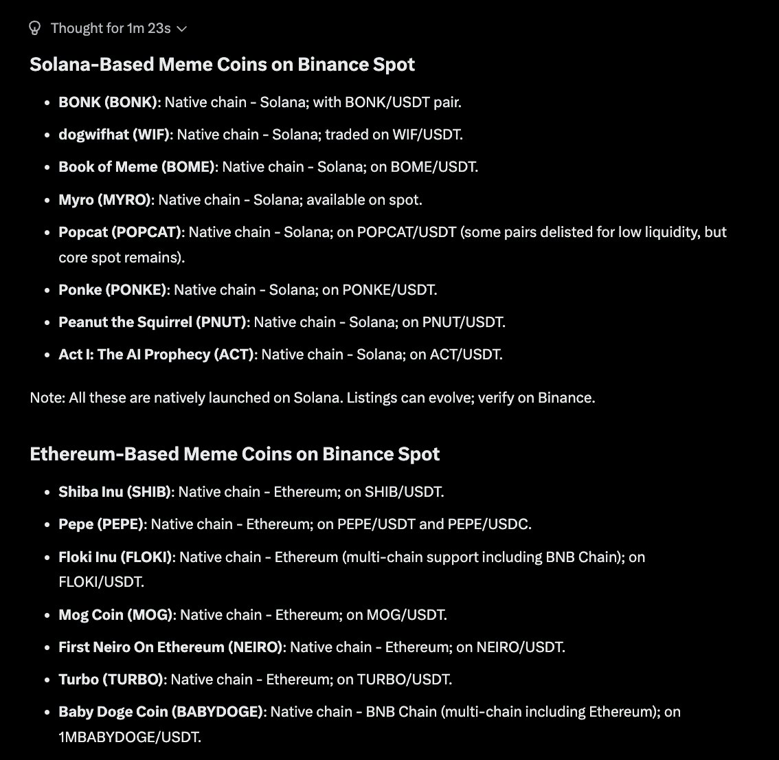 One of the strangest things about BNB is that Binance spot listed a huge amount of Sol + Eth memes, including really bad ones that are now down 95%

Yet at the same time, doesn't list the flagship memes on BNB, and instead prefers 1000 onchain coins where everyone is getting rekt